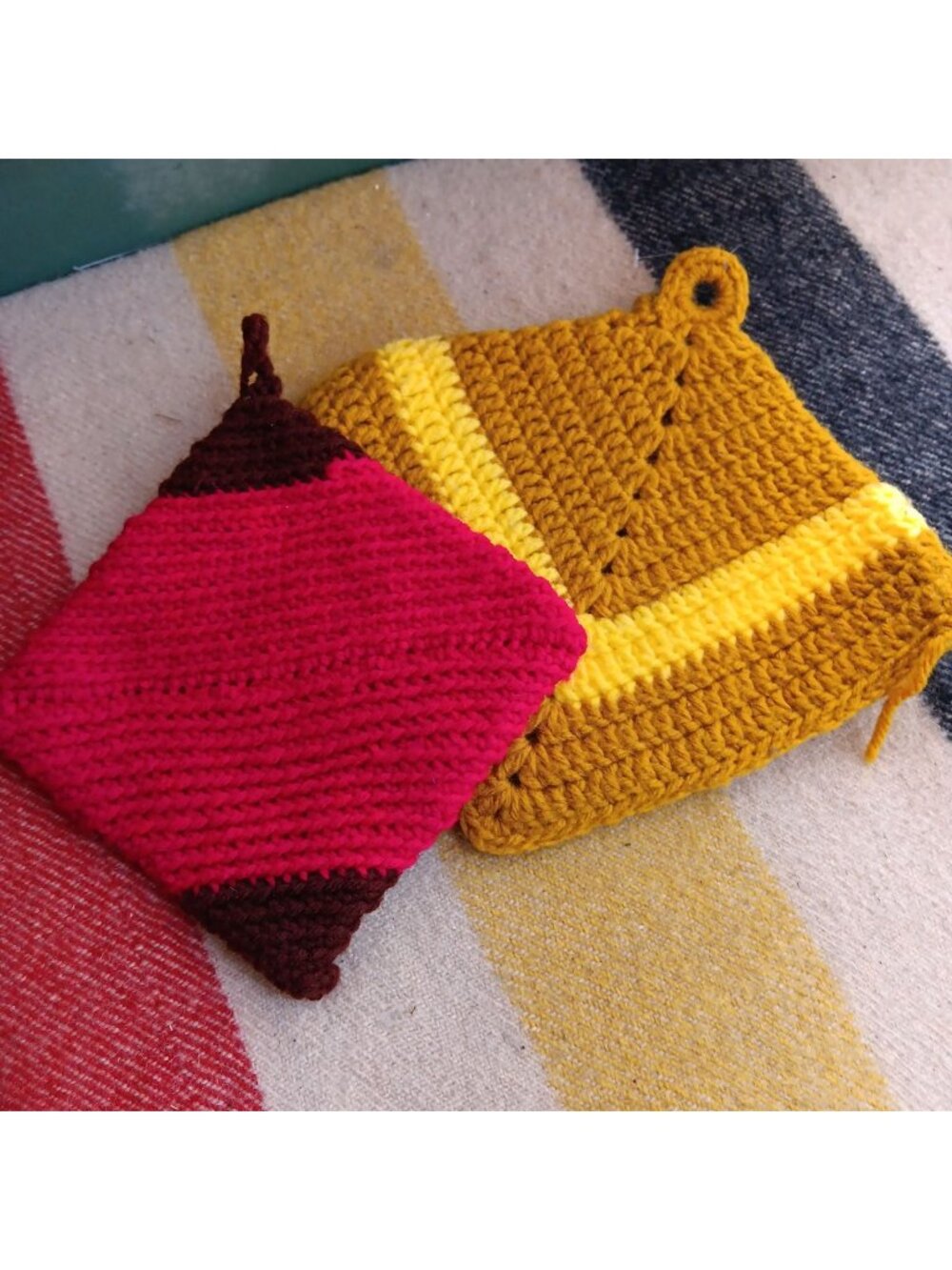 Granny's Vintage Handmade Crochet Potholders In Yellow Brown & Red - Set Of 2